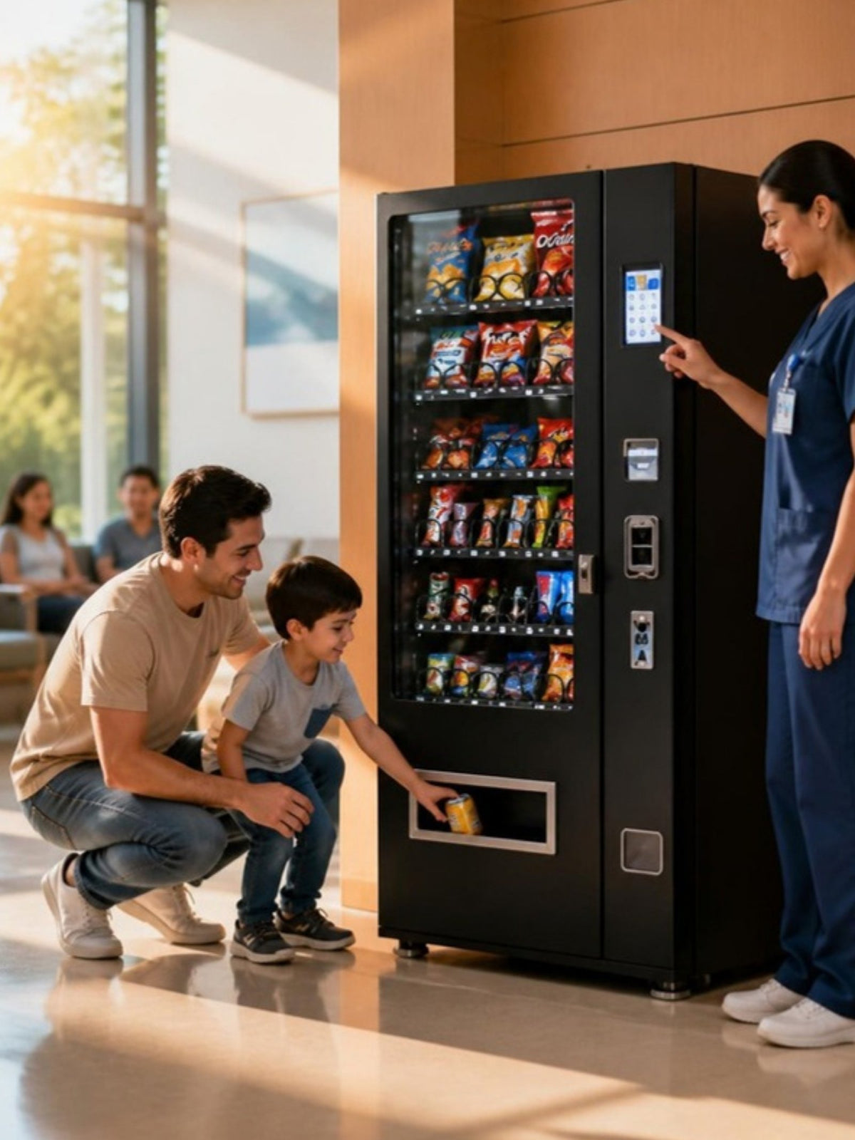 Máquina expendedora de snacks con pantalla táctil en la sala de espera de un hospital, enfermera y padre con su hijo comprando