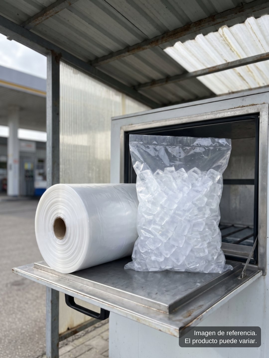 Rollo de bolsas de plástico junto a una bolsa sellada de 4 kg de hielo en la charola de una expendedora