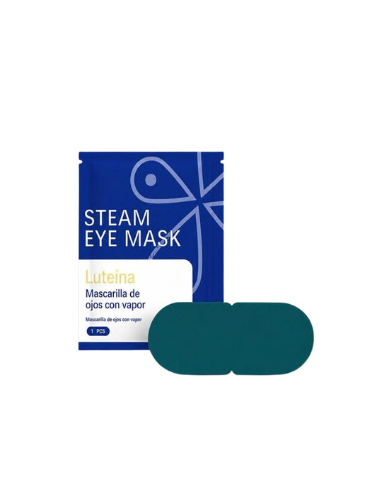 Mascarilla de ojos con vapor de luteína: sobre azul y mascarilla térmica verde, en fondo blanco