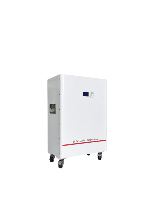 Batería de litio de 15 kWh y 51,2 V en gabinete blanco con pantalla y ruedas, en fondo blanco