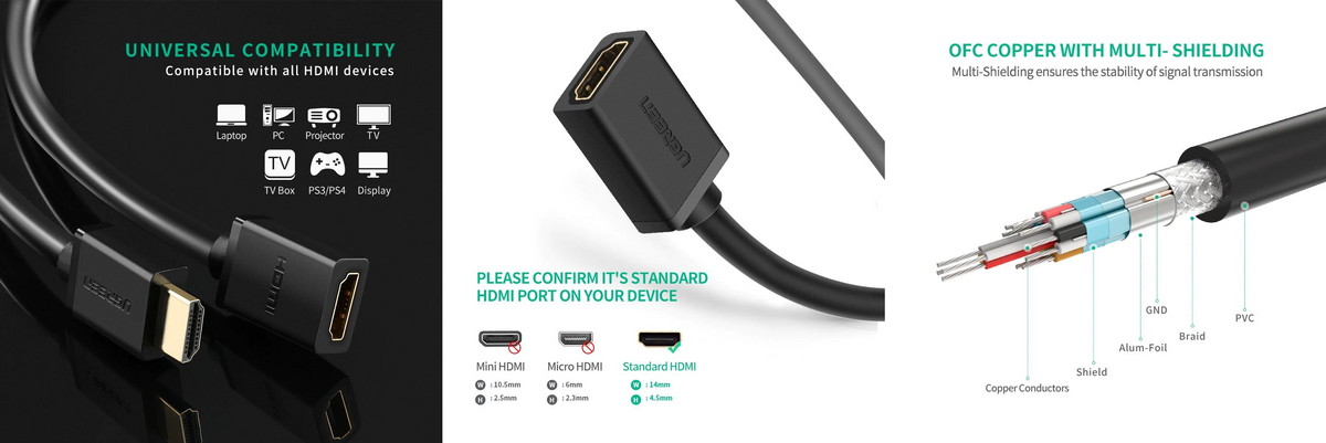 Cable Extensor HDMI de 1 Metro (3.28 Pies) / 4K@60Hz / 3D / HDR / Macho a Hembra / Núcleo de Cobre Estañado / Transmisión Estable