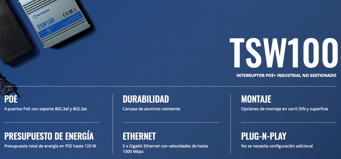 Switch Industrial No-Administrable 5 puertos Gigabit, PoE en 4 puertos 802.3af/at (120W)