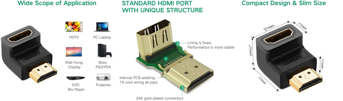 Adaptador HDMI de 90 Grados Macho a Hembra / Hacia Abajo / HDMI 2.0 4K@60Hz / Proporciona Flexibilidad Sin Doblar los Cables HDMI
