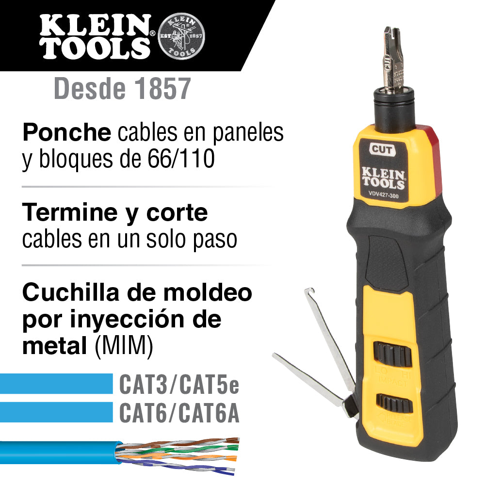 Herramienta Ponchadora de Impacto con Cuchilla para Paneles y Bloques de 66/110. Termina y Corta Cables CAT3, CAT5e y CAT6/6A en 1 paso