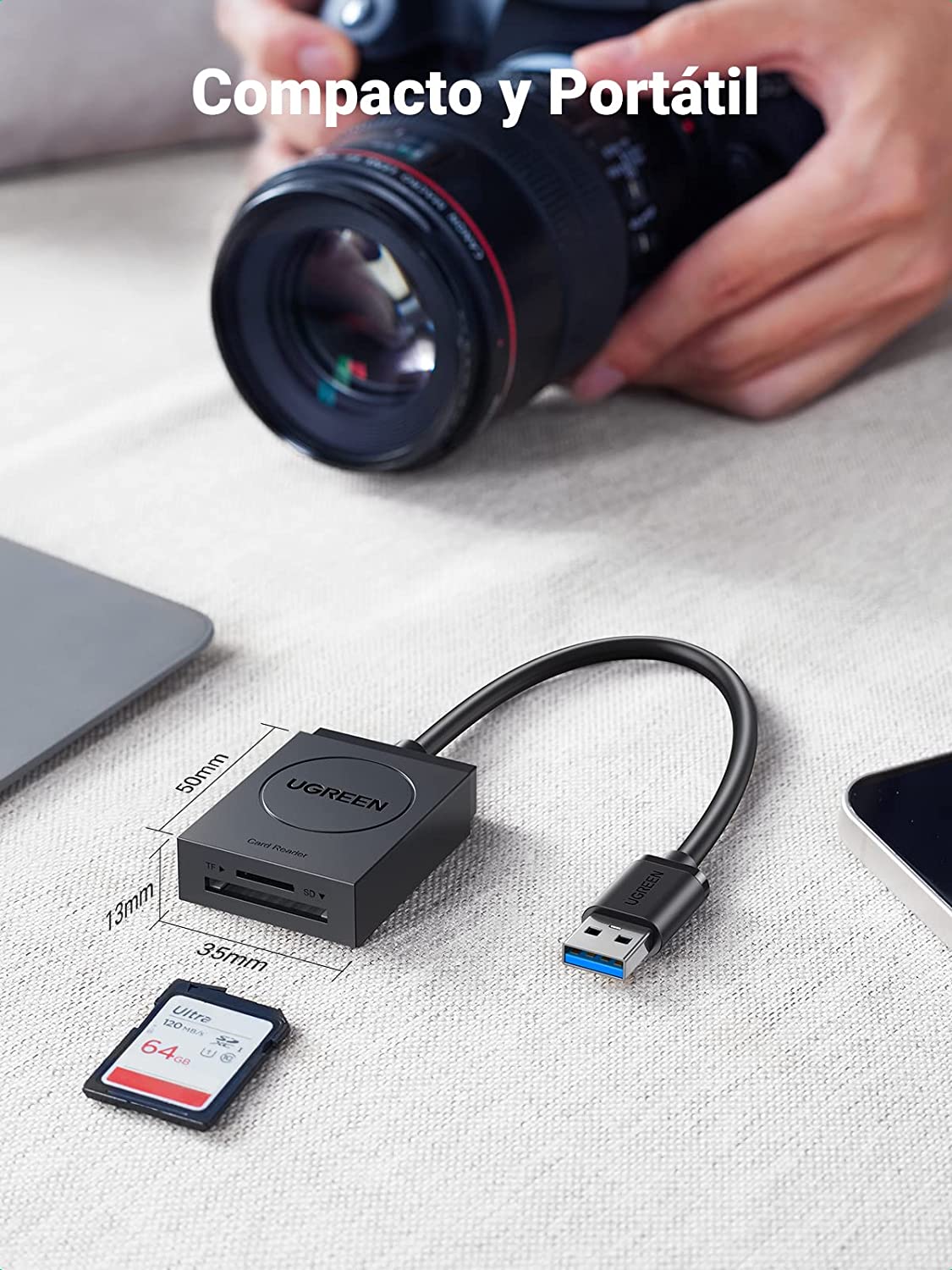 Lector de tarjetas USB-A 3.0 a MicroSD (TF) / SD | 5Gbps | Soporta hasta 2TB | Soporta Windows/Mac OS/Linux/Android | Lectura de Tarjetas Simultánea