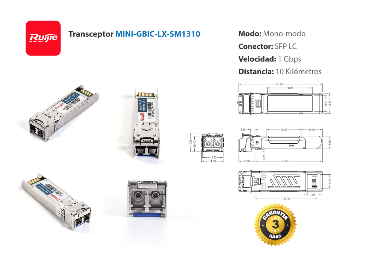 Transceptor Mini-Gbic SFP 1GB Monomodo LC hasta 10 Km