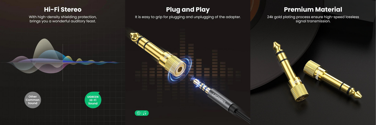 Adaptador (Convertidor) de Audio 3.5mm Hembra a 6.5mm Macho / Plug & Play / Superficie de Rosca Antideslizante / Calidad de sonido sin pérdidas