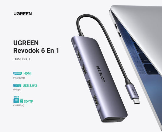 HUB USB-C (Docking Station) 6 en 1 | HDMI 4K@30Hz | 3 Puertos USB 3.0 | Lector Tarjeta SD + Micro SD (TF) Uso Simultáneo | Chip de Última Generación