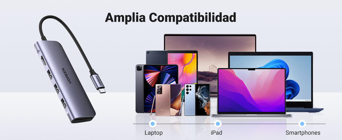 HUB USB-C (Docking Station) 6 en 1 | HDMI 4K@30Hz | 3 Puertos USB 3.0 | Lector Tarjeta SD + Micro SD (TF) Uso Simultáneo | Chip de Última Generación