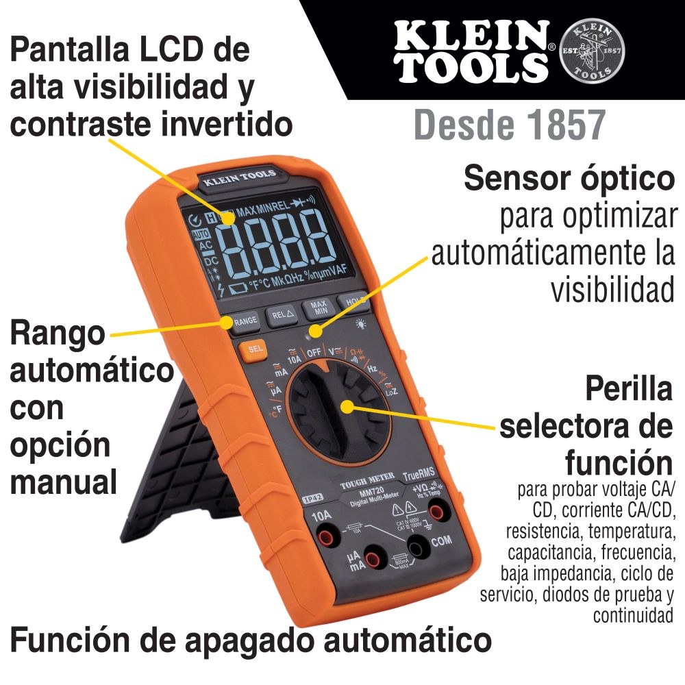 Multímetro Digital de Rango Automático con TRMS 1000V Medición de Temperatura y Baja Impedancia