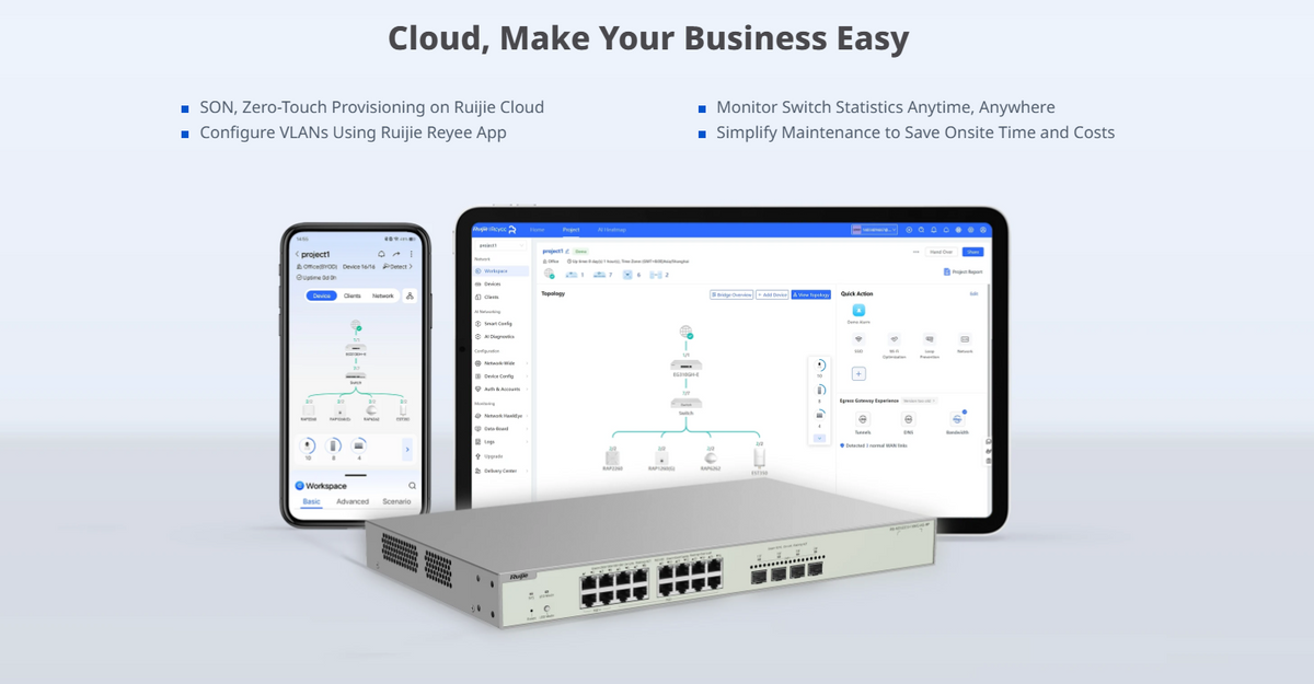 Switch Multi-Gigabit PoE++ hasta 370W, Capa 2 con 4 Puertos 2.5G (90W), 12 Puertos 2.5G (30W) y 4 Uplink SFP+ 10G , Administrable Cloud, Diseñado