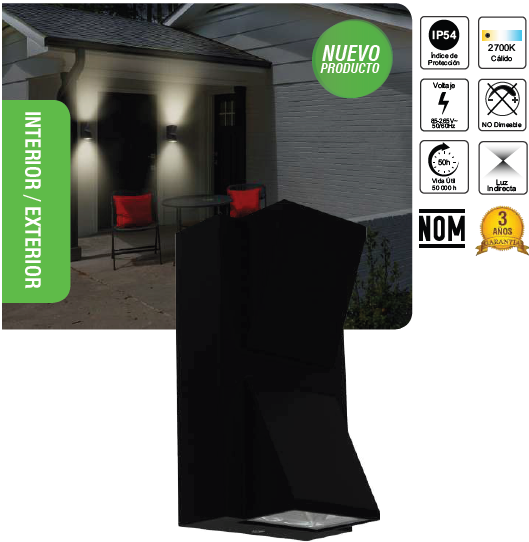 Lámpara Arbotante 6 W 330 lm / Dimensiones 141 x 80 mm / 85 - 265 Vca~ 50/60Hz / Luz Cálida 2 700 K / Uso en exterior IP 54.