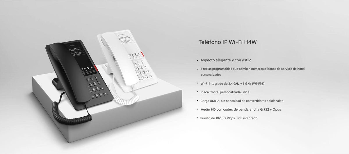Teléfono IP Hotelero Wi-Fi 6 / 2 Líneas SIP / Doble Banda 2.4/5 GHz / 5 Teclas Programables / Puerto USB-A / PoE 802.3af / Diseño Negro