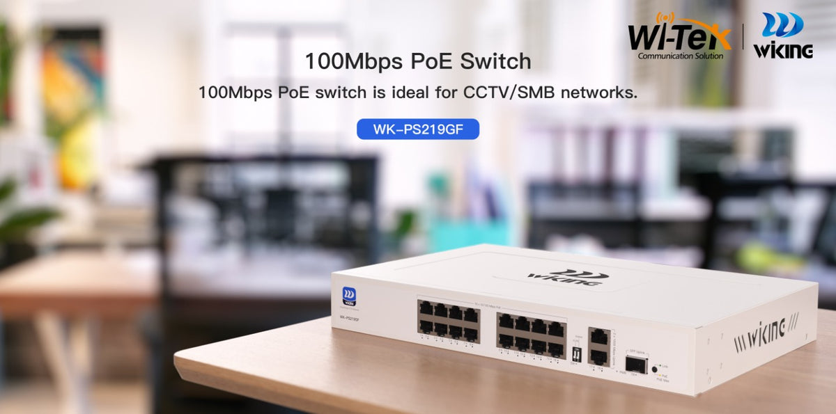 Switch no administrable PoE WI-TEK /16 Puertos 10/100 Mbps PoE af/at / 2 Puertos Uplink Gigabit / 1 Ranura SFP 1000 Mbps / Presupuesto 180 W / Puerto