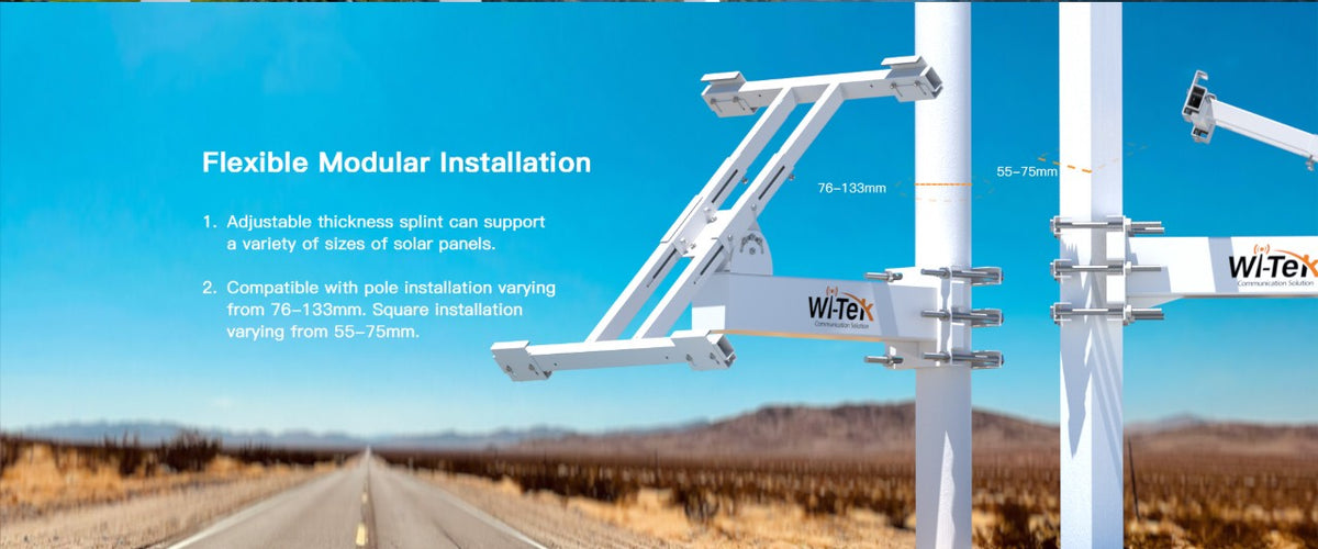 Soporte/Montaje para Panel Solar WI-BRKP133 para Postes / Estructura Galvanizada SGCC 2 mm / Ajuste Ángulo 0-75° / Compatible Postes Redondos 76-133