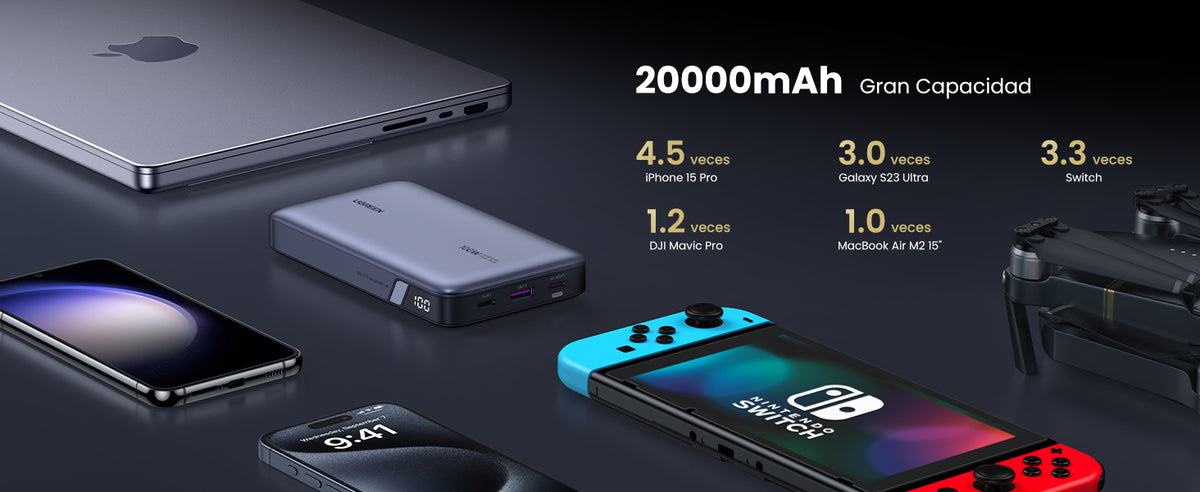 Power Bank de 20000mAh | 3 Salidas 100W Max. | USB-A + 2 USB-C | PD 3.0 | QC3.0 | FCP | SCP | Pantalla Inteligente | Carcasa Ignifuga | Color Gris |