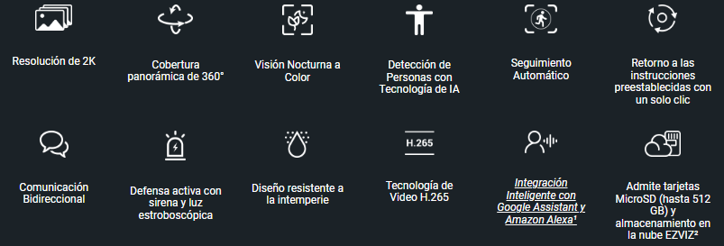 Cámara PT / Wi-Fi / Resolución 3 Megapixel (2K) / Audio de Dos Vías / Visión Nocturna en Color / AI Detección de Humanos / Defensa Activa con Sirena