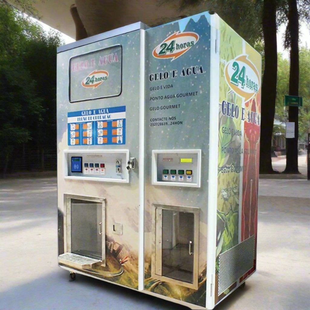 Maquina Expendedora de 3000L de Agua y 450Kg de Hielo por dia, Incluye Sistema de Filtrado, dispensador y sellado AUTOMATICO de bolsas, aceptador de monedas y sistema de configuracion local - Ciaespinoza.com