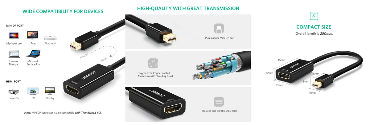 Convertidor Mini Display Port a HDMI / 4K@30Hz / Thunderbolt / Blindaje Interno Múltiple / Carcasa ABS / Longitud de 25 cm (9.84 pulgadas)
