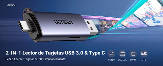 Lector de Tarjetas USB-C + USB-A a MicroSD (TF)/SD | OTG | USB-C 3.1 | 5Gbps | Soporta hasta 2TB | Soporta Windows/Mac OS/Linux/Android | Lectura de