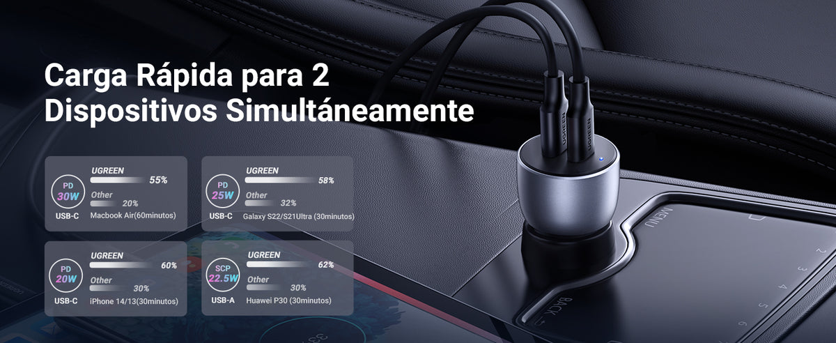 Cargador de Auto 52.5W | Puerto USB-A y USB-C | Carga Rápida | Compatible con Vehículos de 12 y 24 VCD | PD3.0 + QC3.0 | Chip Inteligente | Diseño