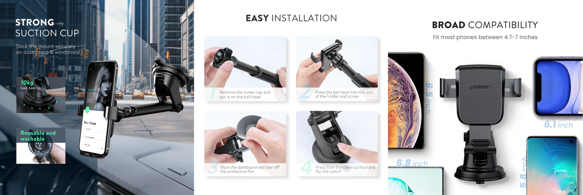 Soporte de Celular para Automóvil con Ventosa / Diseño de Sujecion en Triangulo / Ajustable 270° / Rotable / Estirable / Amplia Compatibilidad con