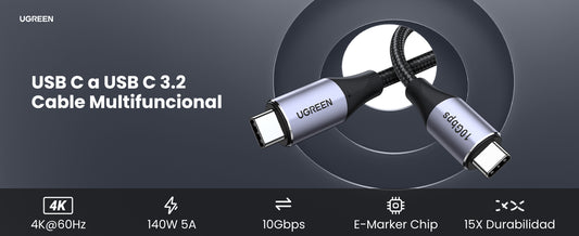 Cable USB-C a USB-C 3.2 Thunderbolt | 1 Metro | 240W | 10 Gbps | 480 Mbps | Soporta Video 4K@60Hz| Chip E-Market Inteligente | Carcasa de Aluminio |