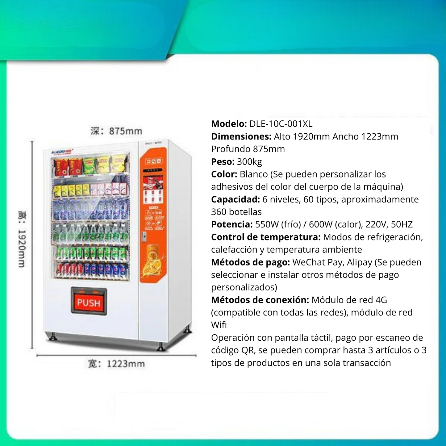 Smart beverage vending machine, large capacity automated vending machine, self-service machine with 10.1 inch touch screen