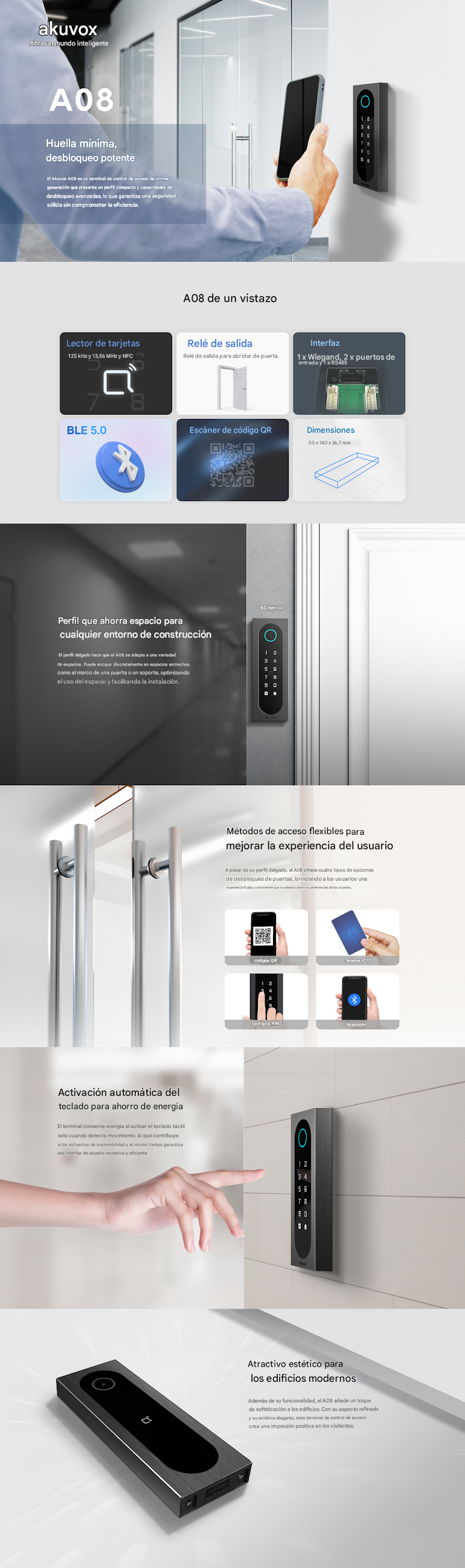 Control de Acceso Slim Akuvox A08S / Aluminio y Vidrio Templado / IP65 & IK09 / Capacidad para 20,000 Tarjetas / Métodos de Acceso Multi (QR