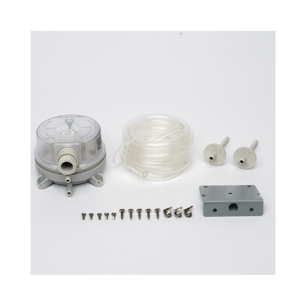 Presostato diferencial de aire para ductos con ajuste por perilla, rango 500 a 2500 Pa, contacto SPDT, para monitoreo de filtros y ventiladores