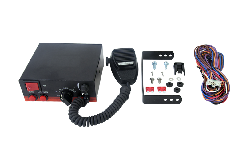 Sirena Vehicular de 100W de Potencia, Con Switch Giratorio de 6 posiciones, Micrófono de Uso Rudo e Interconexión a Radio