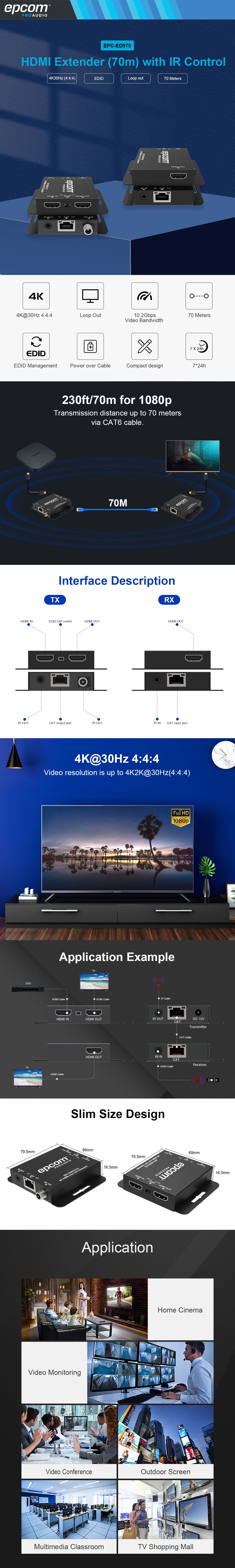 Kit Extensor HDMI | 4K2K@40m | 1080p@70m | Cat5e/Cat6 | Soporte PoC | HDMI Loop | Transmisión IR