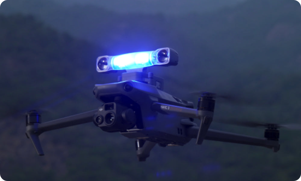 Luz de búsqueda, 30W LED Blanco, 100m Alcance, Algoritmo AI, Luz Roja/Azul/Amarilla, Láser Verde, Compatible Mavic3Enterprise/Matrice4, Peso 130g
