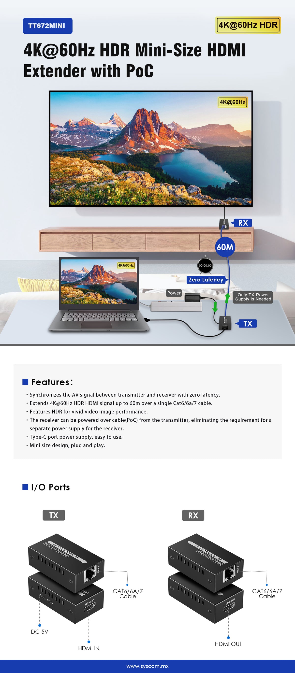 Kit extensor HDMI de tamaño mini | 4K60Hz a 60 metros | Solo requiere alimentación TX | Sobre CAT6/CAT6A/CAT7 |