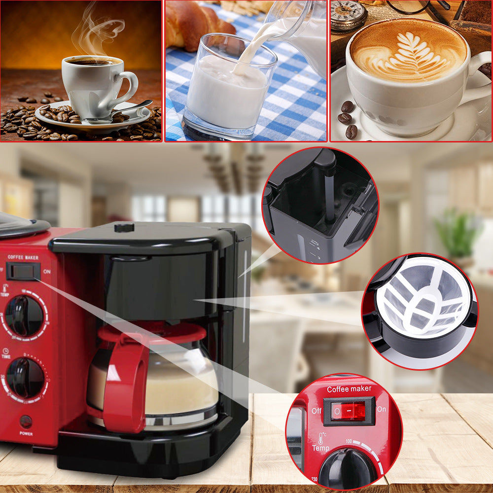 Estación de Desayuno 3-en-1: Cafetera + Horno Tostador + Plancha/Omelette | Mini Horno Eléctrico Multifuncional Automático para el Hogar