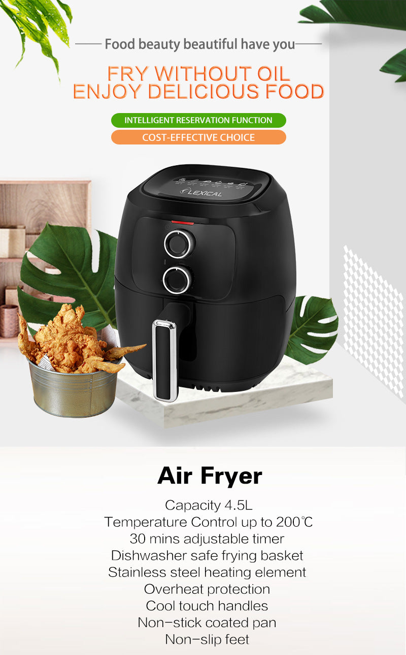 Freidora de Aire 4.5 L Multifuncional | Menos Aceite, Automática con Temporizador, Air Fryer Eléctrica para el Hogar