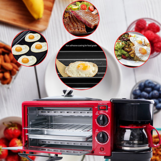 Estación de Desayuno 3-en-1: Cafetera + Horno Tostador + Plancha/Omelette | Mini Horno Eléctrico Multifuncional Automático para el Hogar