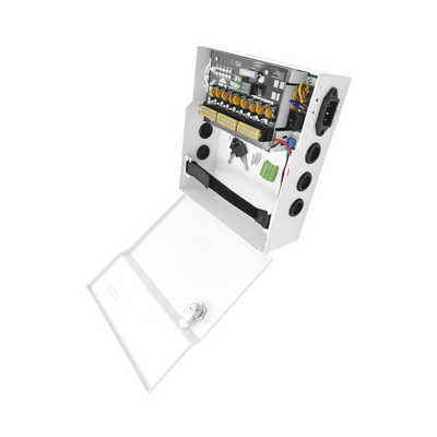 Fuente de Poder con ajuste de voltaje de 11- 15 Vcc / 10 A / 9 Salidas / Capacidad de Batería de Respaldo / Requiere Batería / Voltaje de Entrada