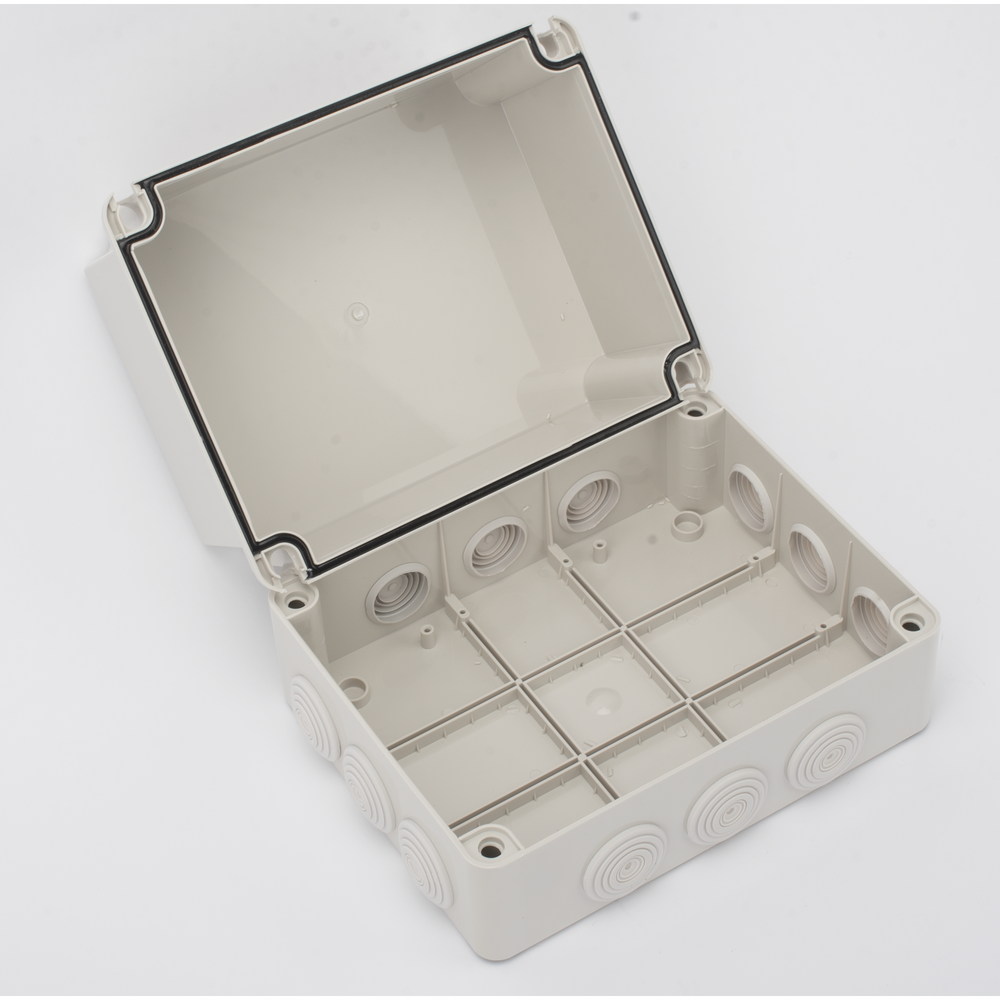 Caja Derivación-Conexión de Plástico (190 X 240 X 165 mm) con 12 Glándulas de Goma. Para Instalaciones Comerciales, Residenciales e Industriales.
