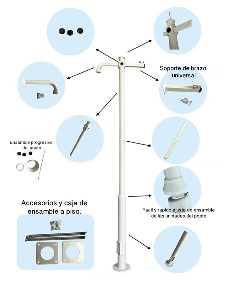 Poste Seccionado de 3 Metros / Especializado para la Instalación de Videovigilancia / Incluye Base de Cimentación y Brazo para Cámara PTZ / Color