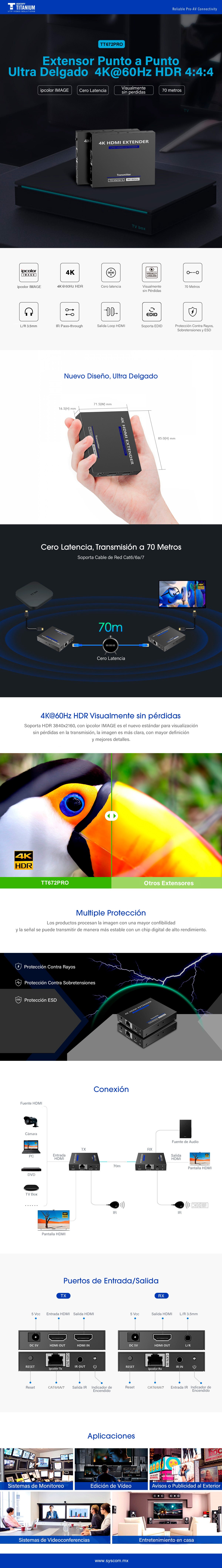 Kit Extensor HDMI para distancias de 70 metros / Resolución 4K x 2K@ 60 Hz/ Cat 6, 6a y 7 / IPCOLOR / CERO LATENCIA / SIN COMPRIMIR / Salida Loop