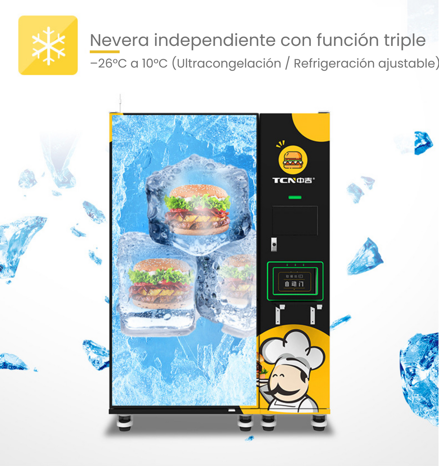 Máquina expendedora de hamburguesas, con sistema de congelador y de calentamiento Ultrarápido