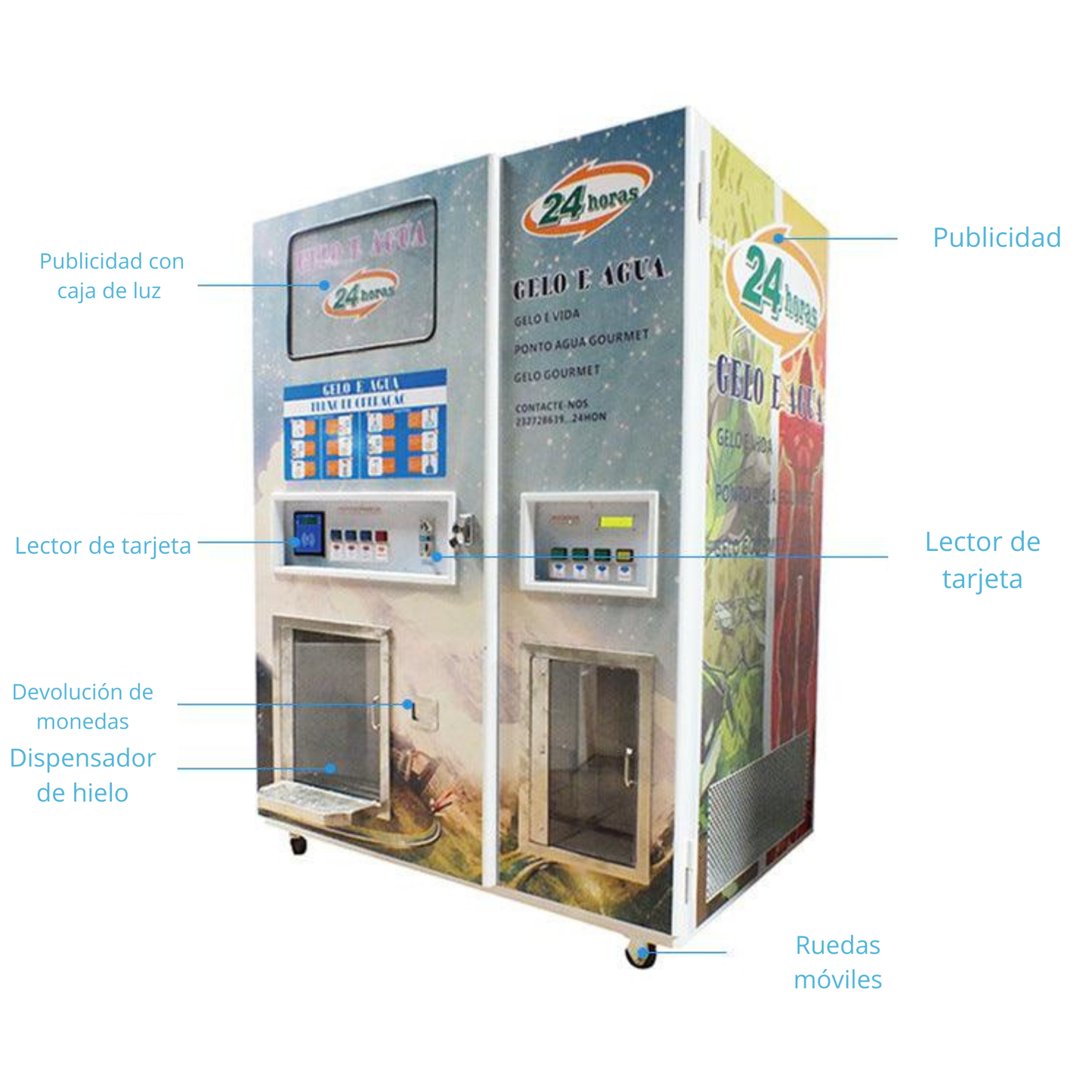Vending machine for 3000L of water and 450Kg of ice per day, including filtering system, automatic bag dispenser and sealing, coin acceptor and local configuration system