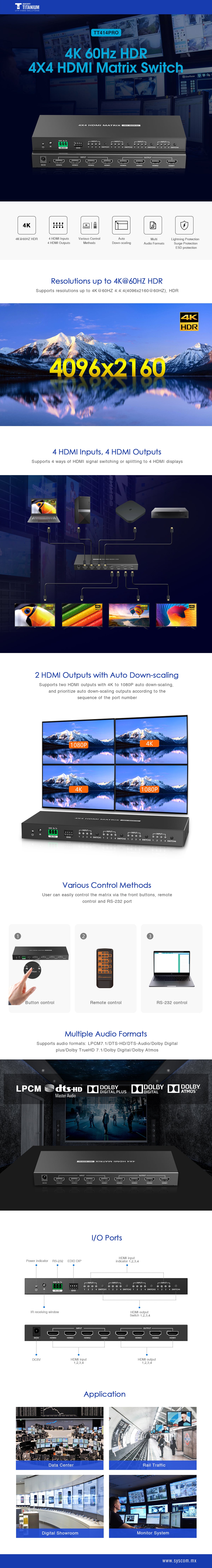Matricial 4x4 HDMI | 4K@60Hz | Soporta HDR10 | Configuración EDID | Múltiples Modos de Conmutación