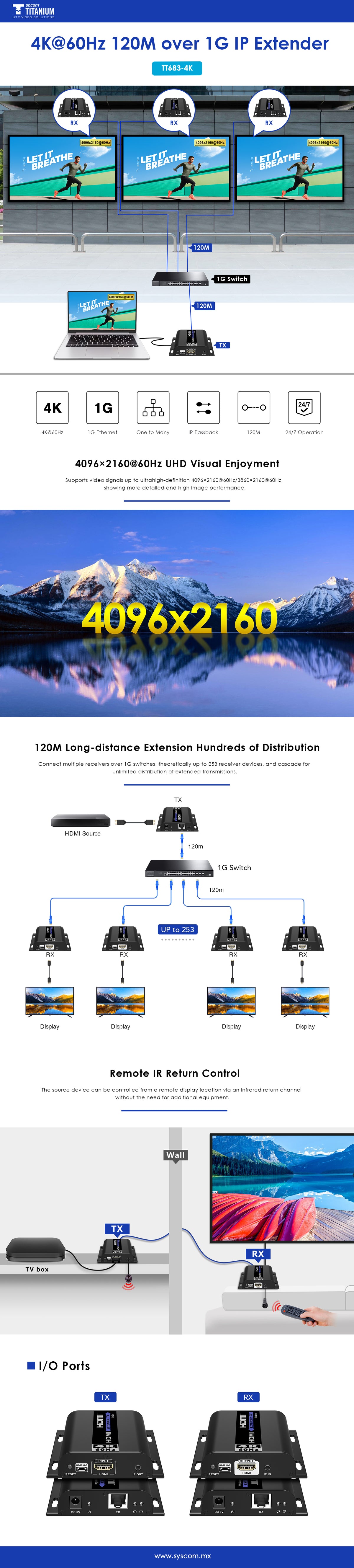 Receptor compatible para Kit TT6834K | Resolución 4K @60Hz | 120 metros | Cat 6 | Compatible con Switch gigabit | Control IR |