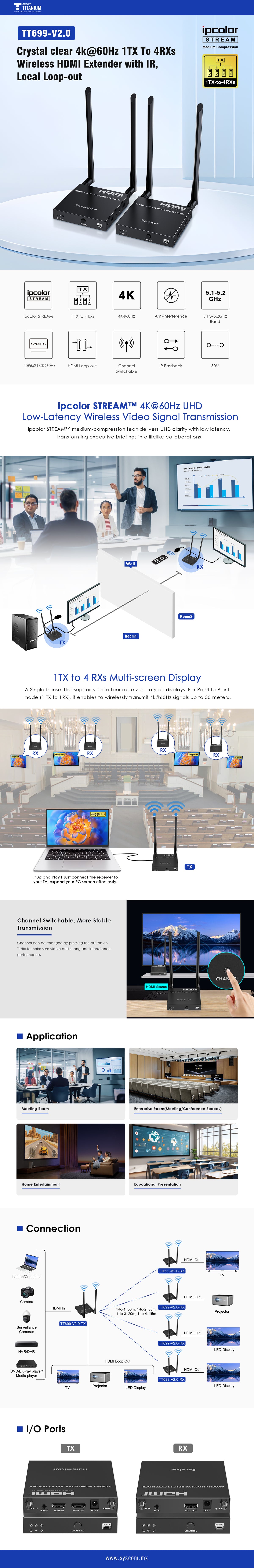 Receptor Inalámbrico HDMI | 4K@60Hz 4096x2160 | Tecnología ipcolor STREAM | Banda 5G 5.18-5.24 GHz | Distancia 50 m | Conexión de Hasta 1 a 4