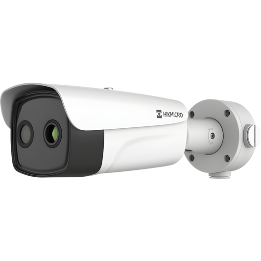 (HIKMICRO) Bala IP Bi-espectral / Térmica (384 X 288 / 9.7 mm) + Óptica (4 MP / 6.4 mm) / IA GUANLAN / Rango: -20°C a 650°C / 2°C Margen / Detección