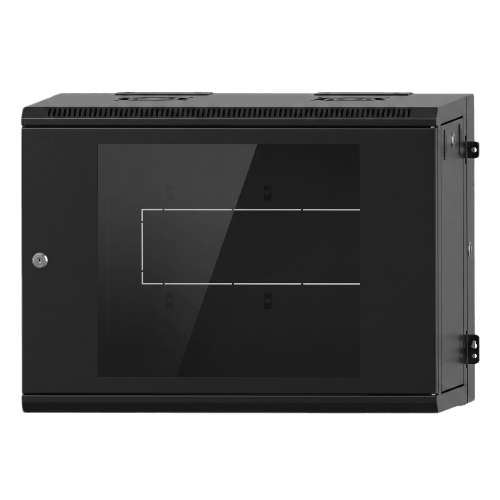 Gabinete Rackeable / 09 Unidades / Pared 19 Pulgadas / Puerta de Cristal / Acero Calibres 18-22 / Carga 80 kg / Dimensiones 634x632x468 mm