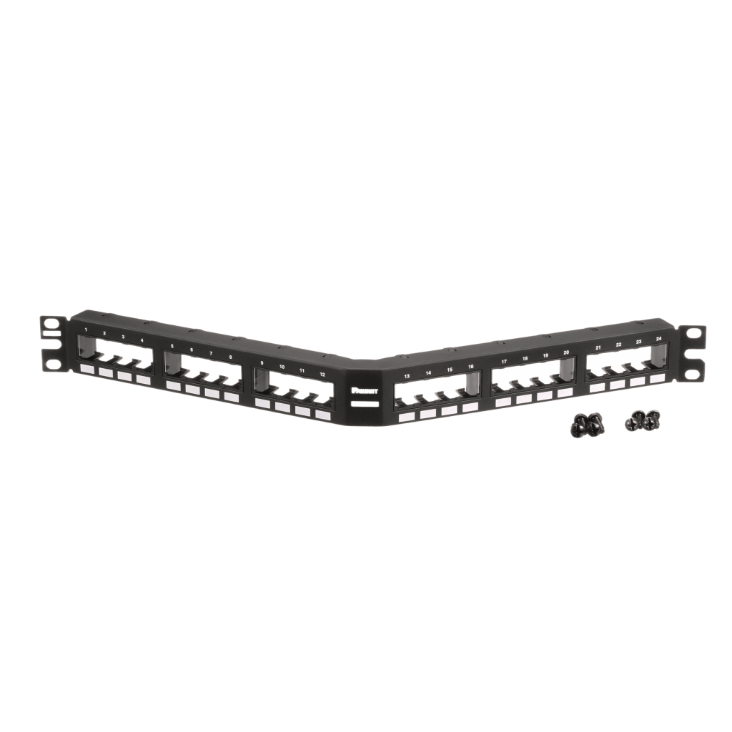 Panel de Parcheo Modular Mini-Com (Sin Conectores), Angulado, Sin Blindaje, Con Números Pre-Impresos, de 24 Puertos, 1UR