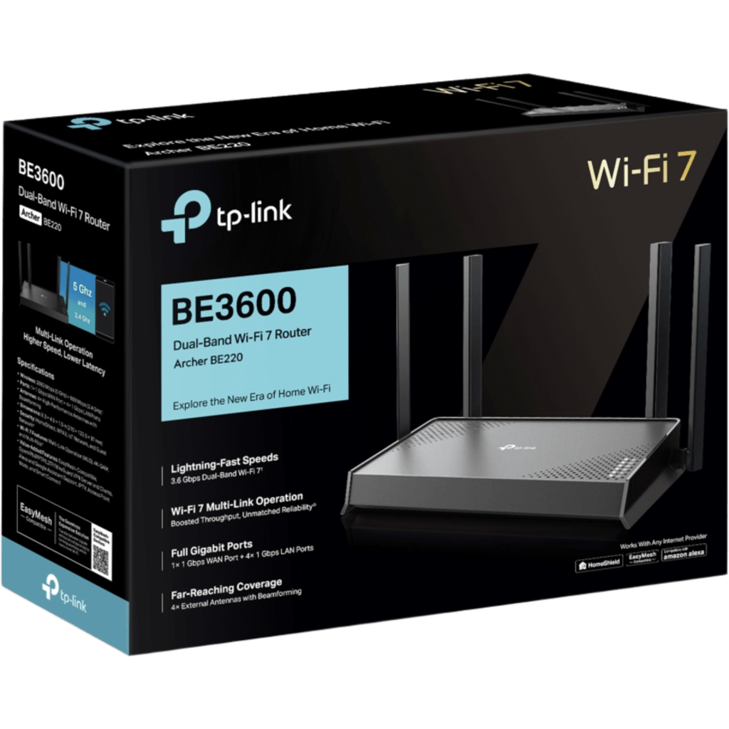 Router Wi-Fi 7 / BE3600 3.6 Gbps / Doble Banda 2.4 GHz y 5 GHz / MLO + 4K-QAM / 1× WAN + 4× LAN Gigabit / 4 Antenas Externas con Beamforming